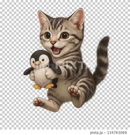 一隻可愛的小貓抱著一隻企鵝毛絨玩具的插圖 134763069