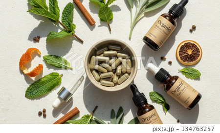 natural herbal oils and organic supplements flatlay 4k ai natural herbal oils and organic supplements flatlay 4k ai 134763257