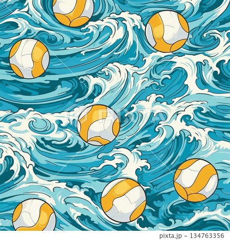 Seamless Water Polo Pattern Dynamic Waves and Balls for Sports and Summer Designs, Wallpaper Seamless Water Polo Pattern Dynamic Waves and Balls for Sports and Summer Designs, Wallpaper 134763356