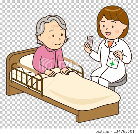 ベッドサイドでおばあさんに服薬指導する若い女性薬剤師 ベッドサイドでおばあさんに服薬指導する若い女性薬剤師 134763501