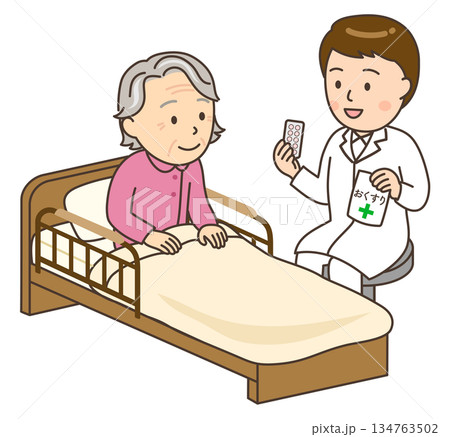 ベッドサイドでおばあさんに服薬指導する若い男性薬剤師 134763502