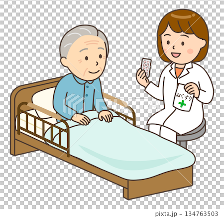 一位年輕的女藥劑師正在床邊對一位老人家講解用藥方法。 134763503