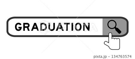 Search banner in word graduation with hand over magnifier icon on white background Search banner in word graduation with hand over magnifier icon on white background 134763574
