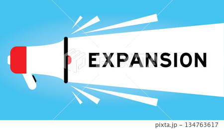 Color megaphone icon with word expansion in white banner on blue background Color megaphone icon with word expansion in white banner on blue background 134763617