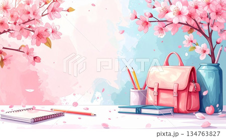 背景透過 桜と文房具 入学卒業シーズン素材 134763827