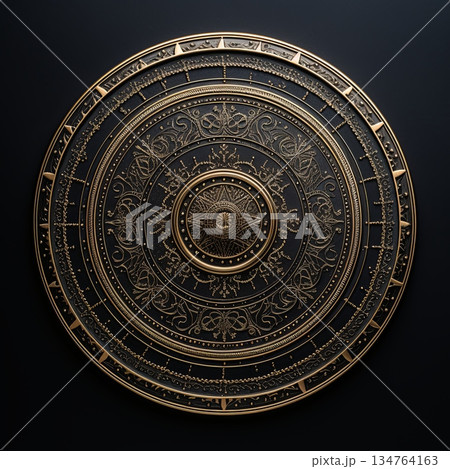 Elegant Dark Bronze Medallion with Ornate Floral Border, Ideal for Mockups and Design Elements 134764163