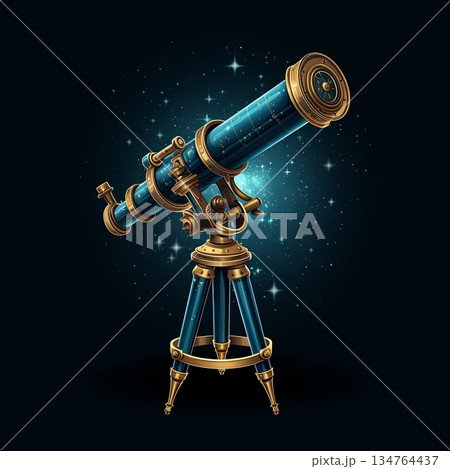 Vintage Telescope Gazing at Distant Stars, Celestial Exploration and Retro Astronomy Tool 134764437