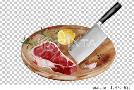 Watercolor illustration of a raw ribeye beef steak on a wooden cutting board with a meat cleaver, lemon, rosemary, garlic, and peppercorns. Realistic food art isolated on white background. Detailed Watercolor illustration of a raw ribeye beef steak on a wooden cutting board with a meat cleaver, lemon, rosemary, garlic, and peppercorns. Realistic food art isolated on white background. Detailed 134764655
