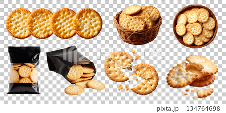 Set of round crackers, flat baked thin crispy circle biscuit snack staple food, takeaway bag package, rattan basket, stack pile broken bite, transparent cutout PNG. Many different style. Mockup design 134764698