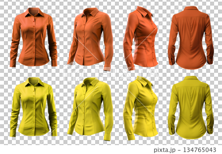 2 Set of woman yellow orange mustard button up long sleeve collar slim fitting shirt front, back side view on transparent background cutout, PNG file. Mockup template 2 Set of woman yellow orange mustard button up long sleeve collar slim fitting shirt front, back side view on transparent background cutout, PNG file. Mockup template 134765043