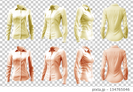 2 Set of woman pastel light yellow orange button up long sleeve collar slim fitting shirt front, back side view on transparent background cutout, PNG file. Mockup template 2 Set of woman pastel light yellow orange button up long sleeve collar slim fitting shirt front, back side view on transparent background cutout, PNG file. Mockup template 134765046