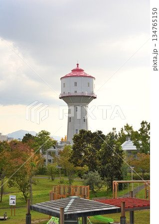 紅葉に囲まれた水道公園の水道塔（新潟県長岡市） 134765150