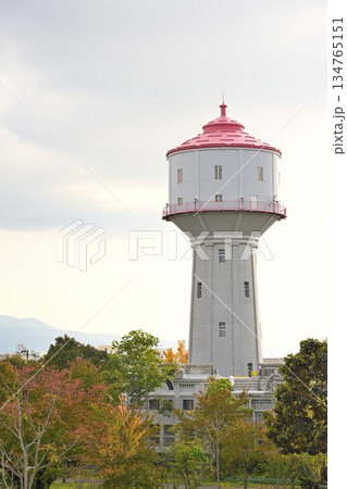 紅葉に囲まれた水道公園の水道塔（新潟県長岡市） 134765151