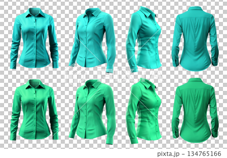 2 Set of woman turquoise blue green button up long sleeve collar slim fitting shirt front, back side view on transparent background cutout, PNG file. Mockup template  134765166