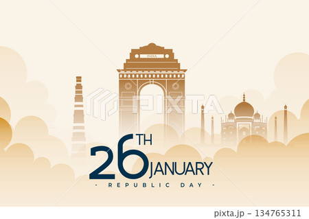 26th indian republic day background with heritage monuments silhouette and clouds 134765311