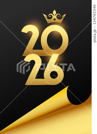 black golden paper curl 2026 new year poster with crown 134765340