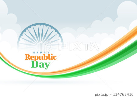 modern happy republic day cloudy background with wavy indian flag ribbon 134765416