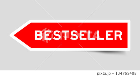 Red color arrow shape sticker label with word best seller on gray background 134765488