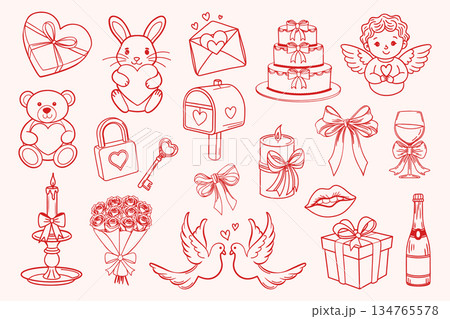 Valentines Day doodle icon set. Romantic collection of hand drawn love and Valentines Day elements. Illustration. Valentines Day doodle icon set. Romantic collection of hand drawn love and Valentines Day elements. Illustration. 134765578