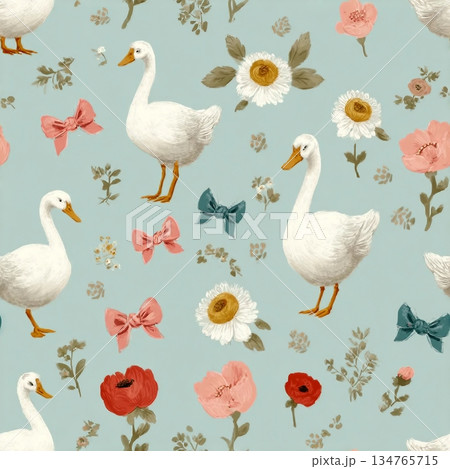 Seamless floral pattern with hand drawn bows, flowers, and goose. Spring summer print in vintage cottagecore style. Soft pastel background perfect for fabric, textile, wallpaper, wrapping paper, brand Seamless floral pattern with hand drawn bows, flowers, and goose. Spring summer print in vintage cottagecore style. Soft pastel background perfect for fabric, textile, wallpaper, wrapping paper, brand 134765715