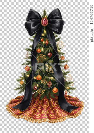 Watercolor Christmas Tree with Luxury Black Ribbon Bow Ruby Jewel and Red Gold Pattern Tree Skirt Isolated on White Background, Elegant Holiday Art 134765719
