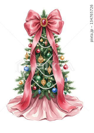 Watercolor Christmas Tree with Large Pink Ribbon Bow Ruby Jewel and Pastel Pink Tree Skirt Isolated on White Background, Cute Festive Holiday Illustration 134765726