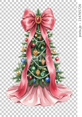 Watercolor Christmas Tree with Large Pink Ribbon Bow Ruby Jewel and Pastel Pink Tree Skirt Isolated on White Background, Cute Festive Holiday Illustration 134765726