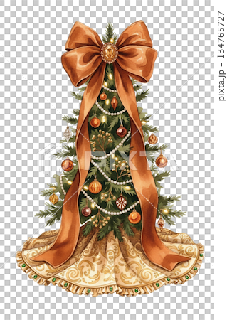 Watercolor Christmas Tree with Bronze Brown Ribbon Bow and Golden Tree Skirt Isolated on White Background, Luxury Festive Holiday Decoration Art 134765727