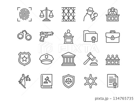 Set of 20 black line icons on law, justice, and police theme. Includes scales, gavel, handcuffs, and more. Minimalist vector design. Set of 20 black line icons on law, justice, and police theme. Includes scales, gavel, handcuffs, and more. Minimalist vector design. 134765735