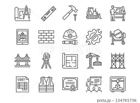 Construction and architecture line icons set. Black outline vector pictograms of building tools, engineering, and planning on white background. 134765736