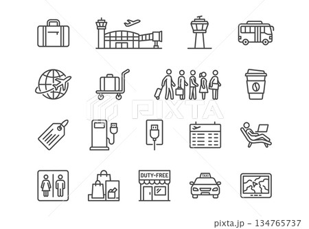 Airport and travel line icon set. Vector illustration of passenger services, transportation, terminal, luggage, and tourism symbols in black outline style. 134765737
