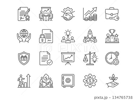 Business and finance line icon set. Vector symbols for partnership, collaboration, success, money, and contract. Clean outline style. 134765738
