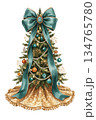 Watercolor Christmas Tree with Elegant Turquoise Blue Ribbon Bow and Golden Tree Skirt Isolated on White Background, Luxury Winter Holiday Festive Decoration Illustration 134765780
