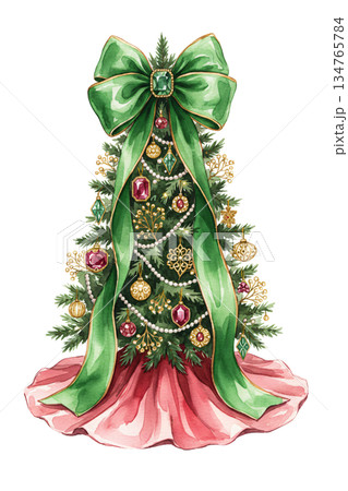 Watercolor Christmas Tree with Emerald Green Ribbon Bow and Pastel Pink Tree Skirt Isolated on White Background, Creative Festive Holiday Decoration Illustration 134765784