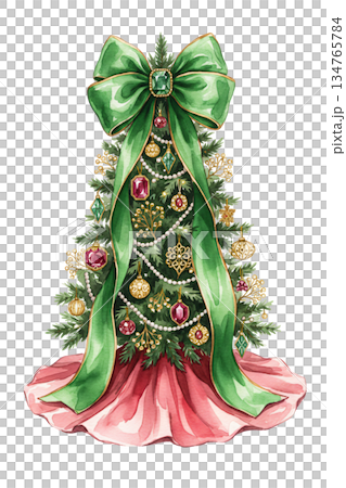 Watercolor Christmas Tree with Emerald Green Ribbon Bow and Pastel Pink Tree Skirt Isolated on White Background, Creative Festive Holiday Decoration Illustration 134765784