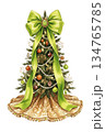 Watercolor Christmas Tree with Lime Green Ribbon Bow and Golden Tree Skirt Isolated on White Background, Modern Vibrant Holiday Festive Decoration Illustration 134765785