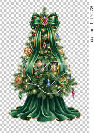 Watercolor Christmas Tree with Luxury Dark Green Ribbon Bow and Matching Green Tree Skirt Isolated on White Background, Elegant Festive Holiday Decoration Illustration 134765786