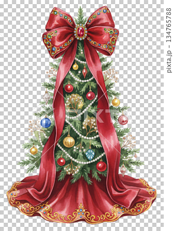 Watercolor Christmas Tree with Large Red Ribbon Bow Ruby Jewel and Red Gold Pattern Tree Skirt Isolated on White Background, Classic Festive Holiday Decoration Art Watercolor Christmas Tree with Large Red Ribbon Bow Ruby Jewel and Red Gold Pattern Tree Skirt Isolated on White Background, Classic Festive Holiday Decoration Art 134765788