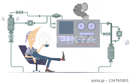 Male operator engineer performs process production line from control panel.  Cartoon operator engineer lays in the armchair with a cup of coffee and controls industry process 134765801