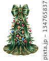 Watercolor Christmas Tree with Luxury Emerald Green Ribbon Bow and Gold Lace Pattern Tree Skirt Isolated on White Background, Elegant Festive Holiday Decoration Illustration 134765837
