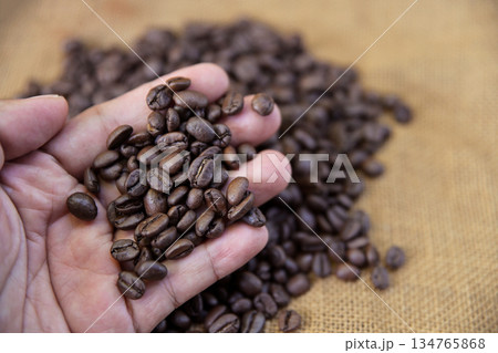 hand hold roasted coffee bean from fresh roasting in home cafe 134765868