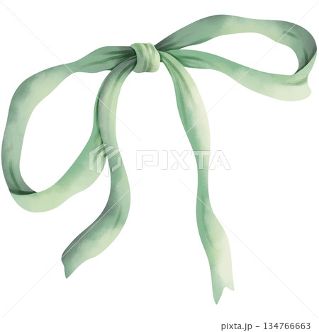 Hand-drawn watercolor illustration of a green bow. 134766663