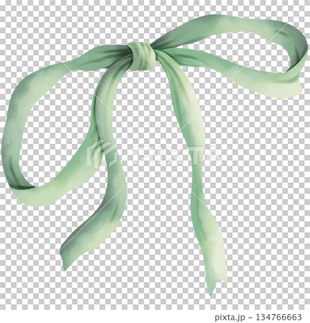 Hand-drawn watercolor illustration of a green bow. 134766663