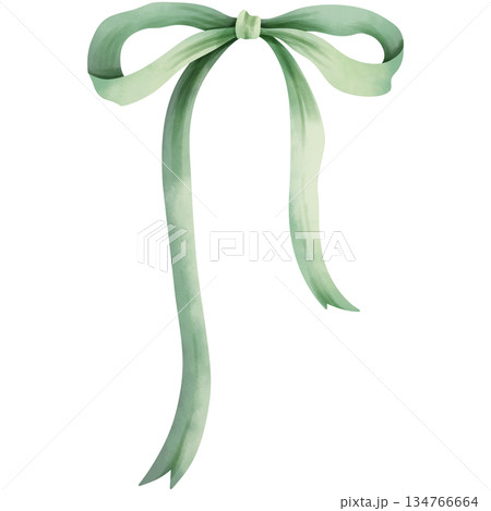 Hand-drawn watercolor illustration of a green bow. 134766664