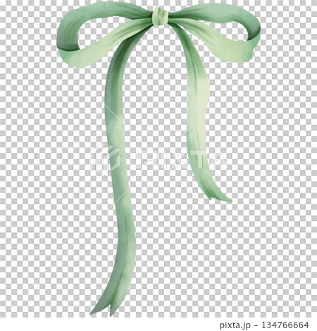 Hand-drawn watercolor illustration of a green bow. 134766664