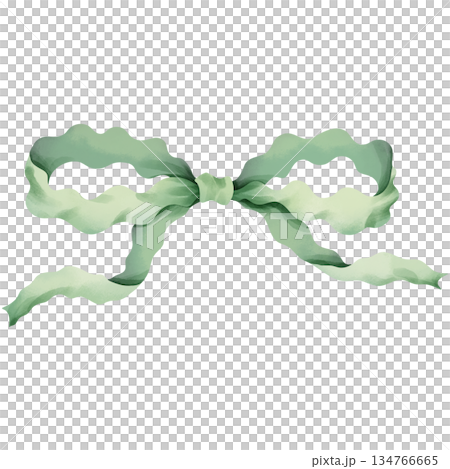 Hand-drawn watercolor illustration of a green bow. 134766665