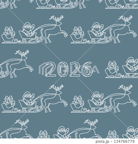 Seamless Christmas pattern features Santa riding sleigh pulled by reindeer, text 2026 Seamless Christmas pattern features Santa riding sleigh pulled by reindeer, text 2026 134766779
