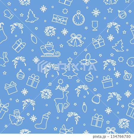 Christmas seamless pattern with trees, gifts, and decorations on a blue background 134766780