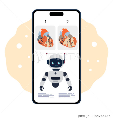 Medical technology concept with a robot and heart diagrams on a smartphone screen illustration Medical technology concept with a robot and heart diagrams on a smartphone screen illustration 134766787