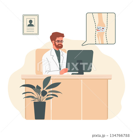 Doctor consulting patient about knee joint replacement in office setting 134766788